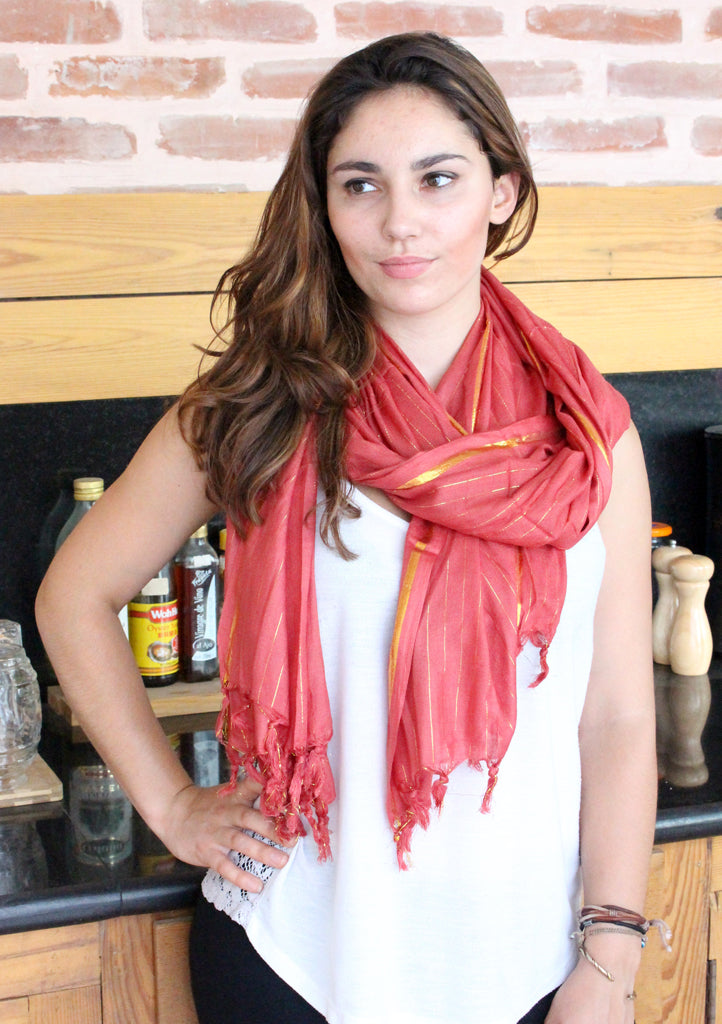 Coral Cotton Jari Shawl - nepacrafts