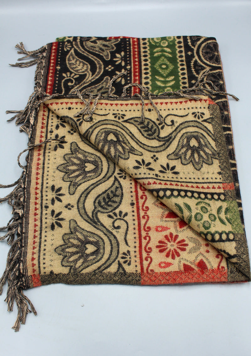 Red Lotus Design Black and Green Multi Color Yak Wool Shawl