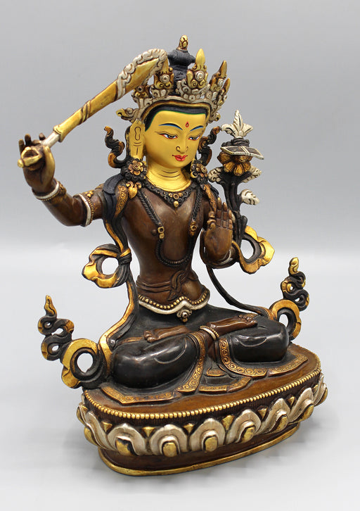 Glowing Manjushree Gold Plated Statue with Silver Crown - nepacrafts