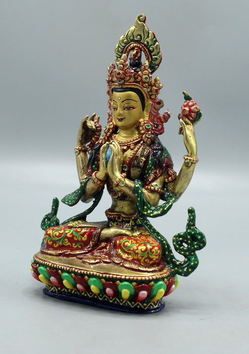 Hand Painted Fine Carving Chenrezig Gold Plated Statue