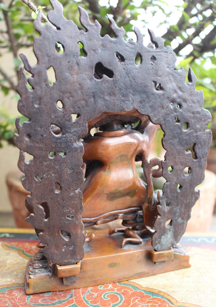 Skillfully Handcarved Mahakala Statue with Flames 8" High - nepacrafts