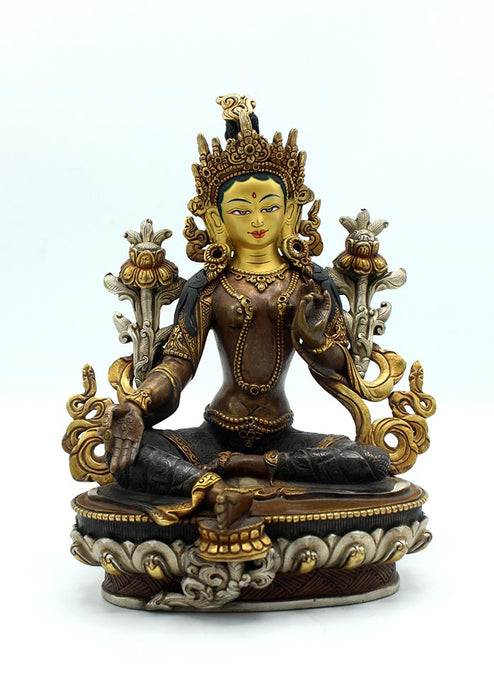 Gold and Silver Plated Green Tara Copper Statue 8.5" High