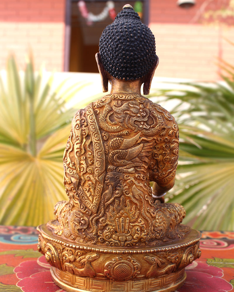Dragon Carved Fully Gold Plated Shakyamuni Buddha Statue - nepacrafts