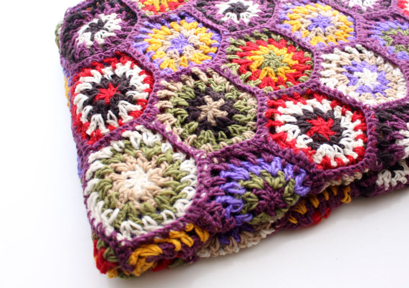Purple Edges Hexagon Flower Pattern Multicolor Hand Crochet Woolen Blanket/Throw - nepacrafts