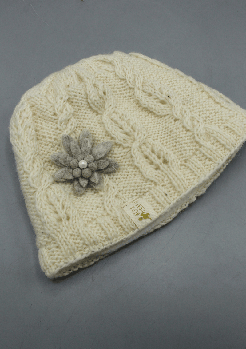 Nepalese Pure Wool White Sherpa Cap with Inner Fleece