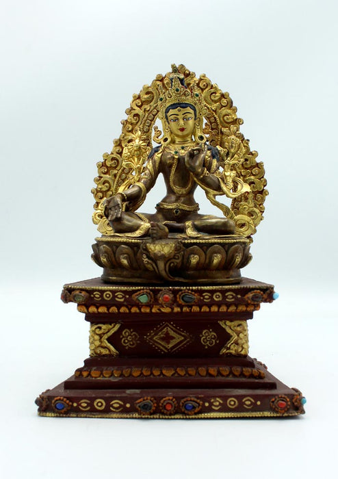 Gold Plated Copper Green Tara Statue with Base Stand 9.5 Inch