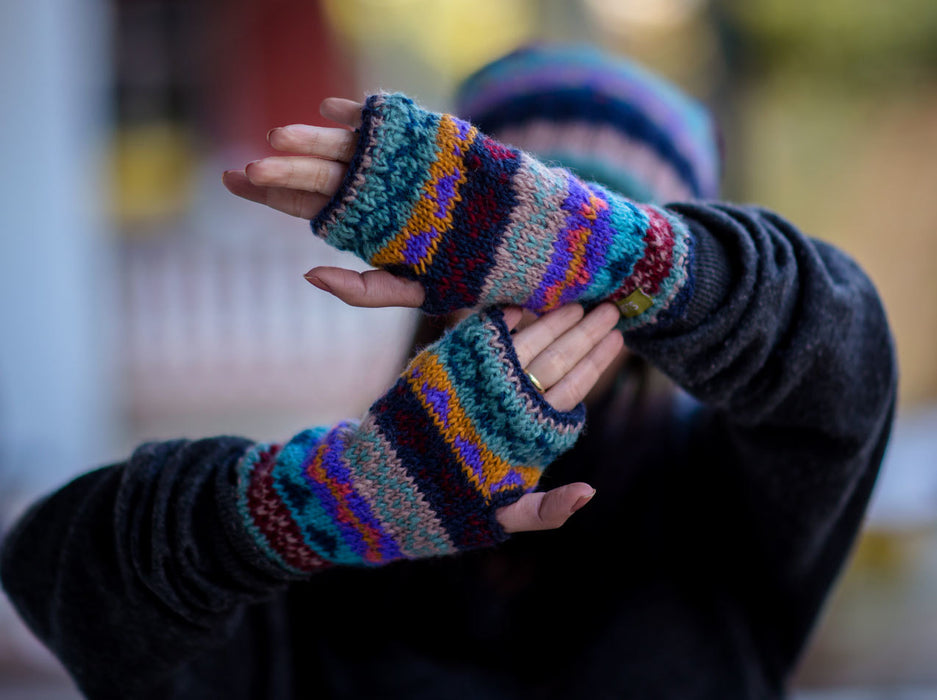 Dark Blue Multicolor Woolen Hand Warmers or Texting Gloves