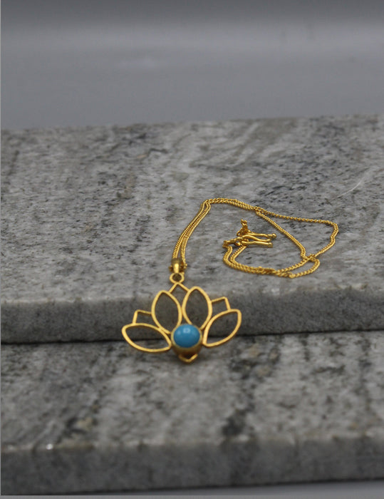 Feroza Turquoise inlaid Gold Plated Lotus Pendant