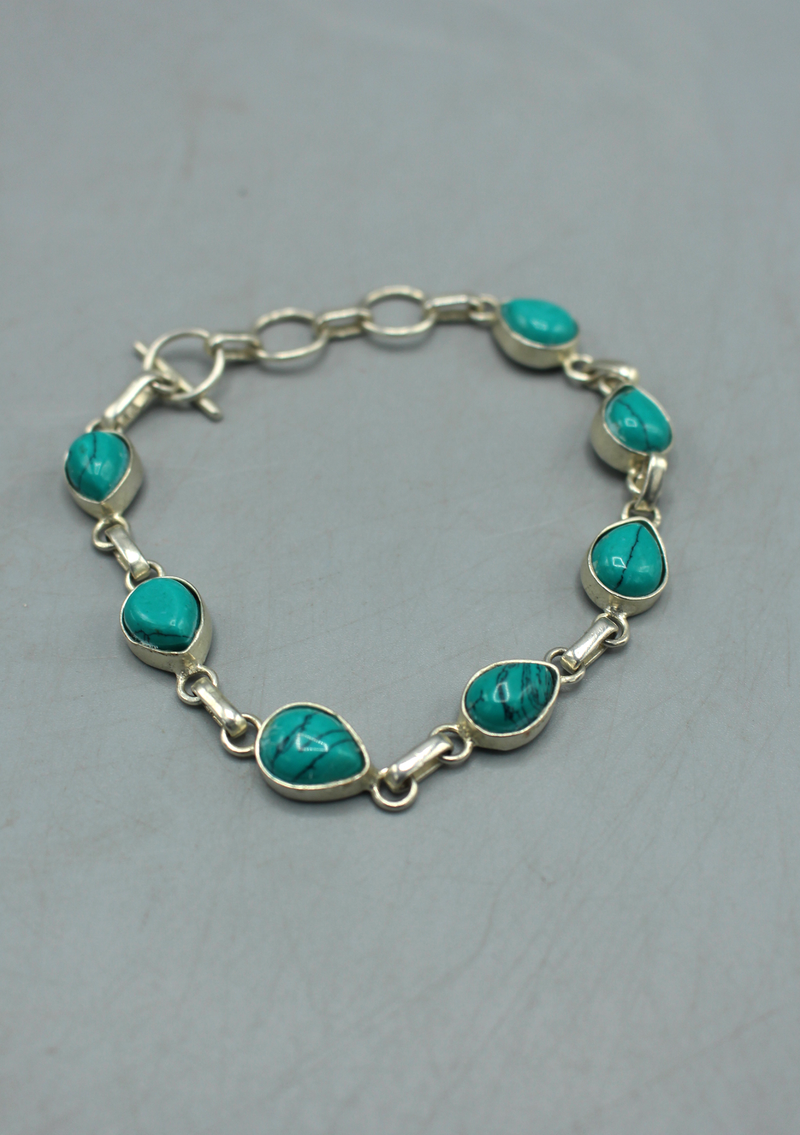 Water Drop Design Silverplated  White Metal Bracelet with Inlaid Turquoise