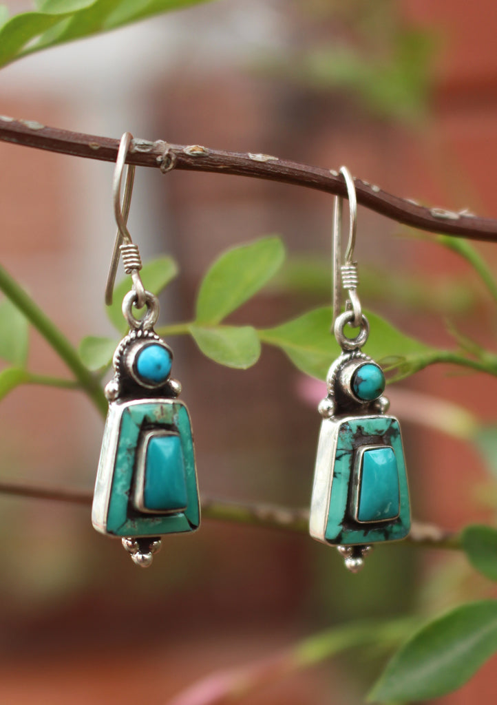 Tibetan Silver Sterling Turquoise Inlaid Earrings - nepacrafts