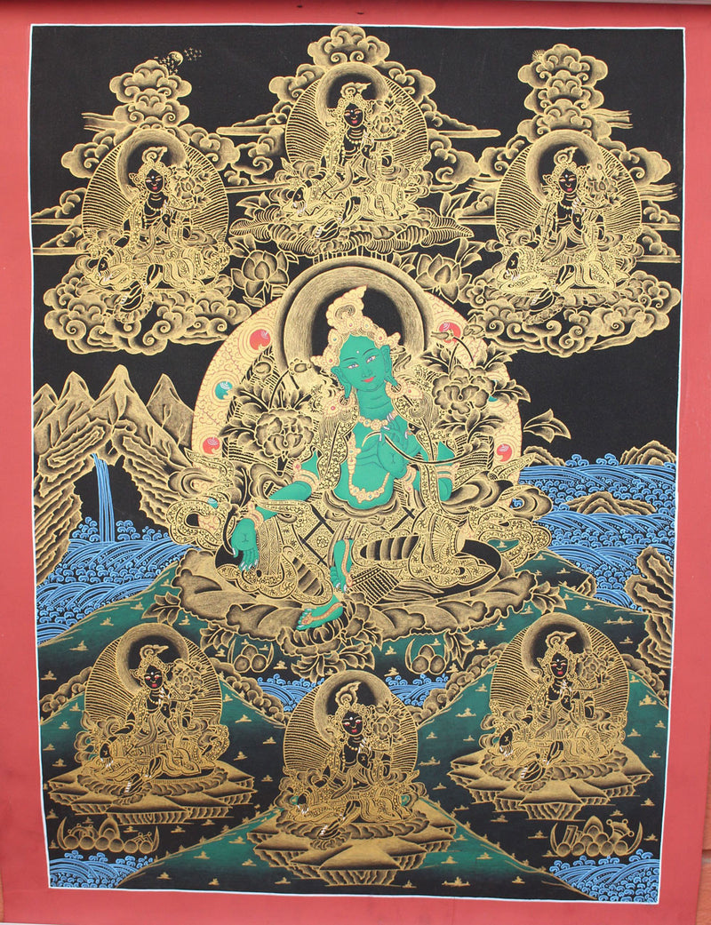 Green Tara Golden Thangka Painting 56x43cm - nepacrafts