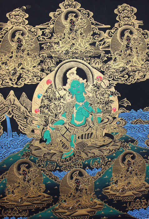 Green Tara Golden Thangka Painting 56x43cm - nepacrafts