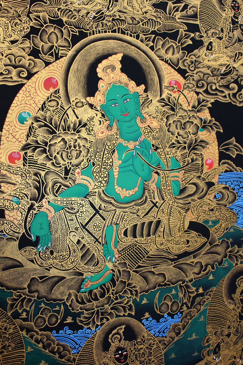 Green Tara Golden Thangka Painting 56x43cm - nepacrafts