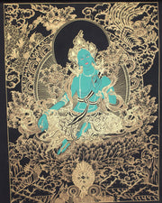 Gold Toned Thangka of Tibetan Green Tara 58x45cm - nepacrafts