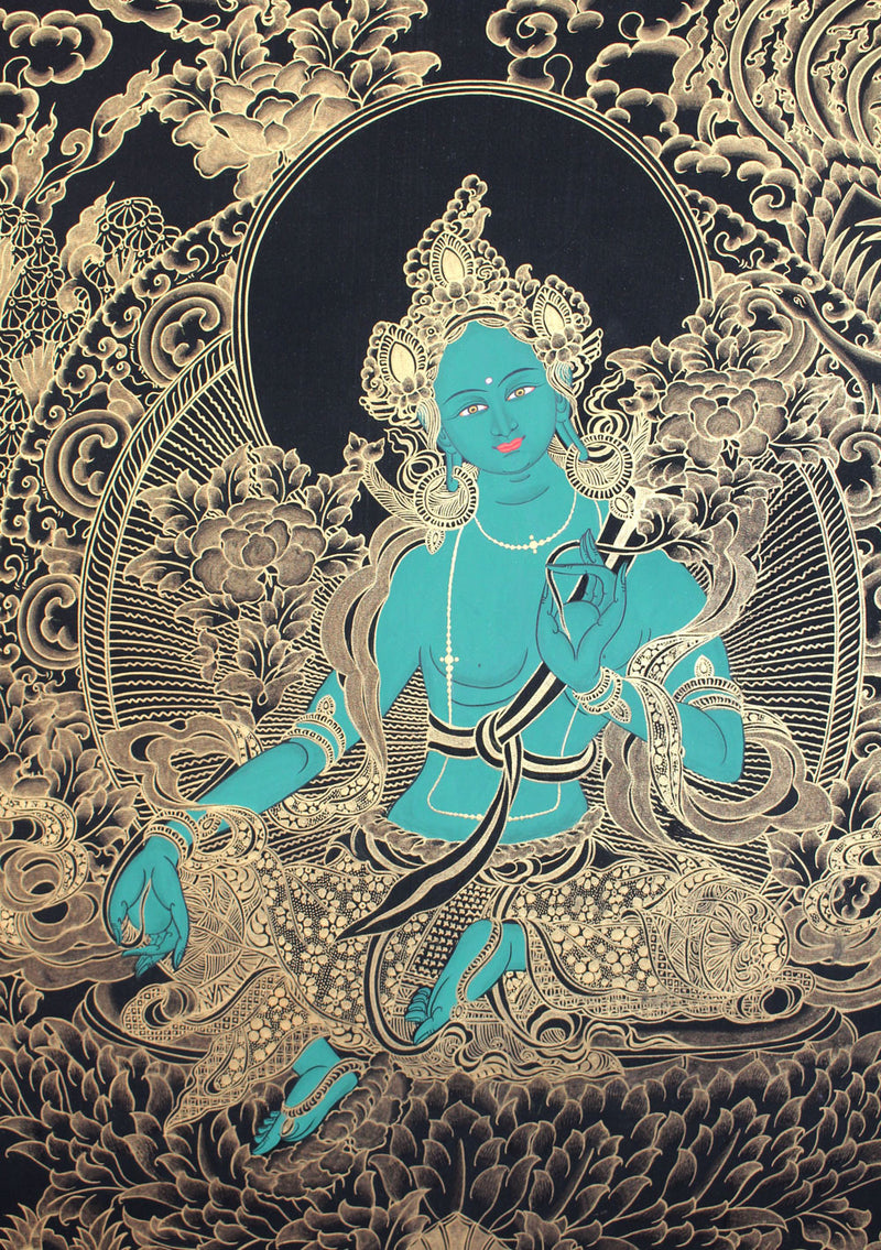 Gold Toned Thangka of Tibetan Green Tara 58x45cm - nepacrafts