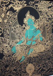 Gold Toned Thangka of Tibetan Green Tara 58x45cm - nepacrafts