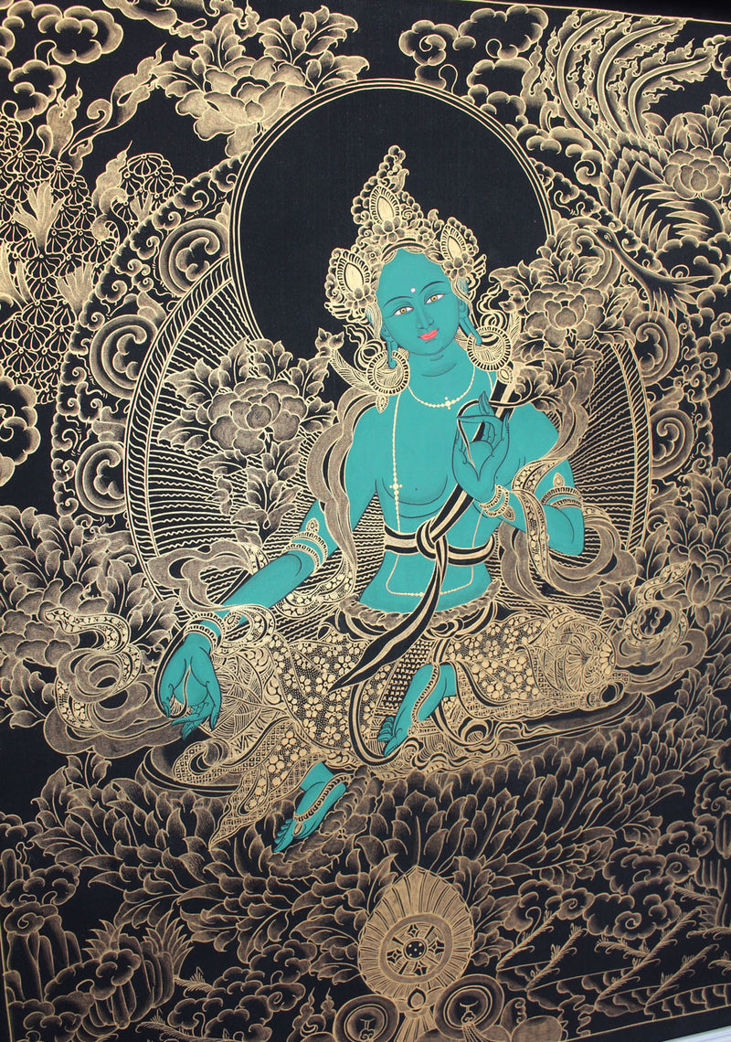 Gold Toned Thangka of Tibetan Green Tara 58x45cm - nepacrafts