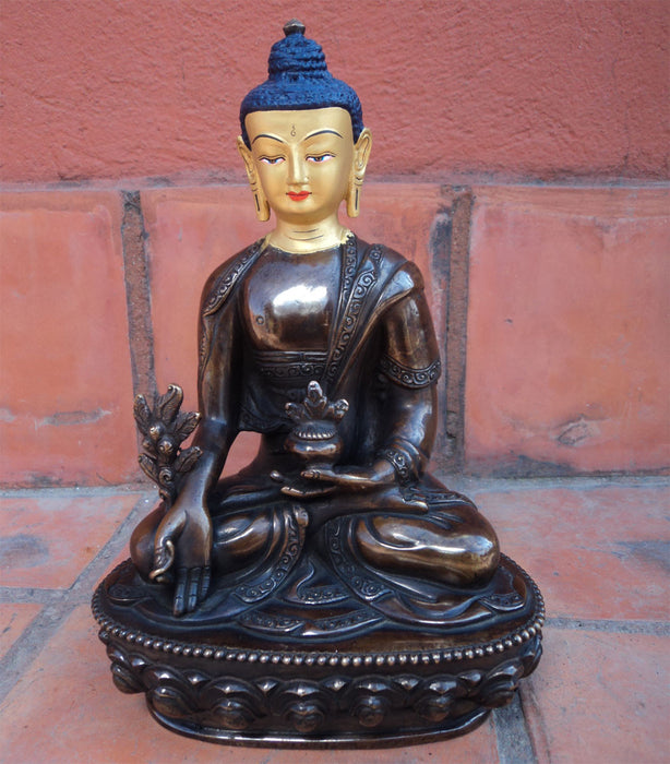 Copper Oxidized 8" Medicine Buddha Statue with Gold Toned Face Painting - nepacrafts