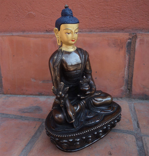 Copper Oxidized 8" Medicine Buddha Statue with Gold Toned Face Painting - nepacrafts
