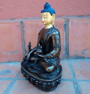 Copper Oxidized 8" Medicine Buddha Statue with Gold Toned Face Painting - nepacrafts