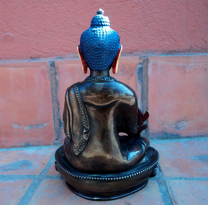 Copper Oxidized 8" Medicine Buddha Statue with Gold Toned Face Painting - nepacrafts