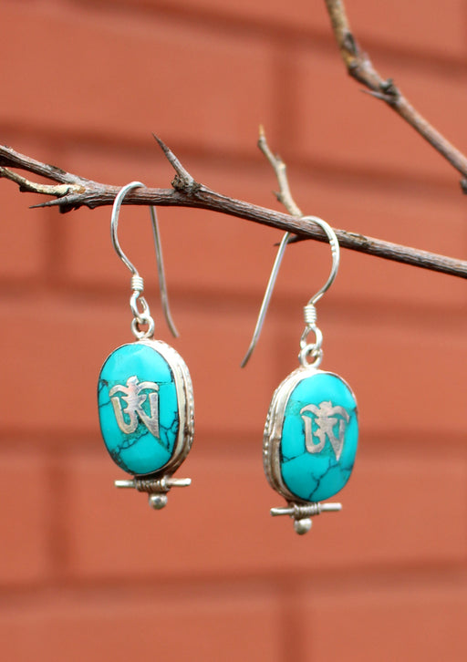 Oval Turquoise Inlaid Tibetan Om Silver Earrings - nepacrafts