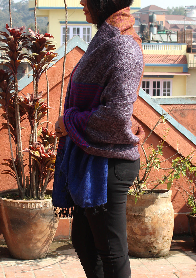 Blue Purple Lining Woolen Shawl of finest quality Nepal