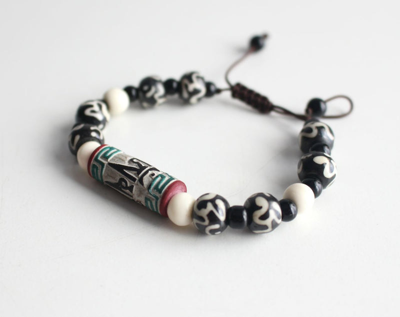 Om Etched Bone Bracelet with Om Mani Stone Charm - nepacrafts