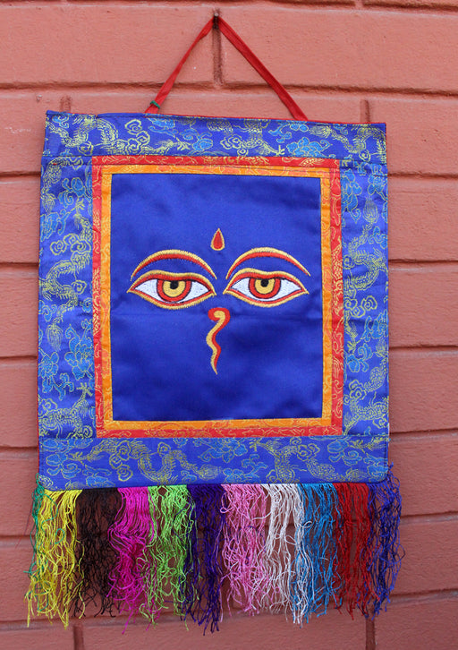 Buddha Eyes Embroidery Brocade Framed Wall Hanging - nepacrafts