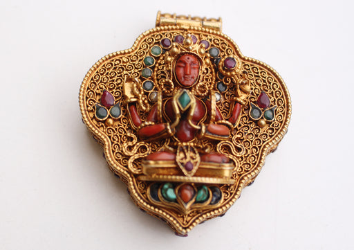 Goldplated Silver Sterling Chenrezig Ghau Pendant with Semi Precious Stones - nepacrafts