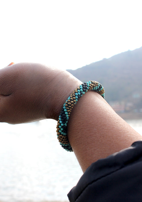 Gold, Black & Blue Beads Nepalese Roll on Bracelet