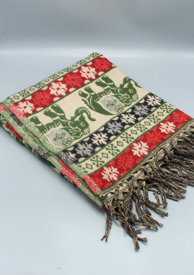 Green Elephant Design Multi Color Yak Wool Shawl