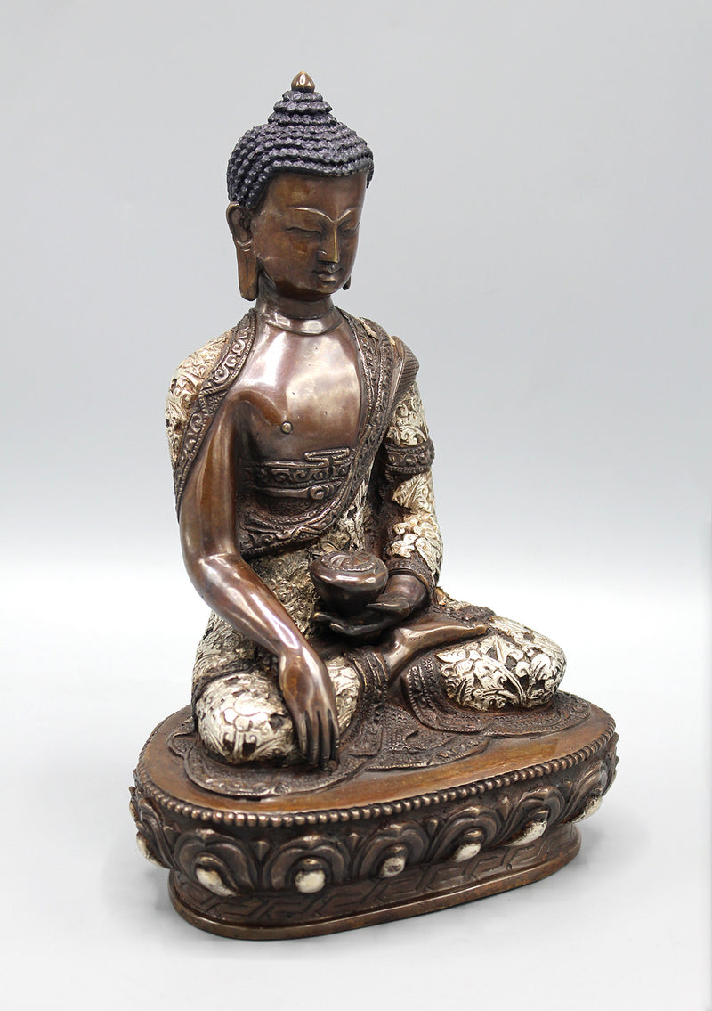 Flower Carving Copper Oxidized Shakyamuni Buddha Silver Inlaid Statue