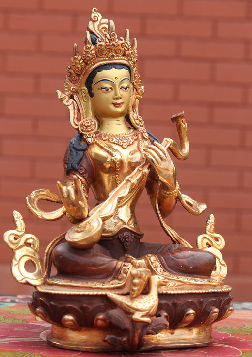 Hindu Goddess Saraswati Partly Gold Plated Statue - nepacrafts
