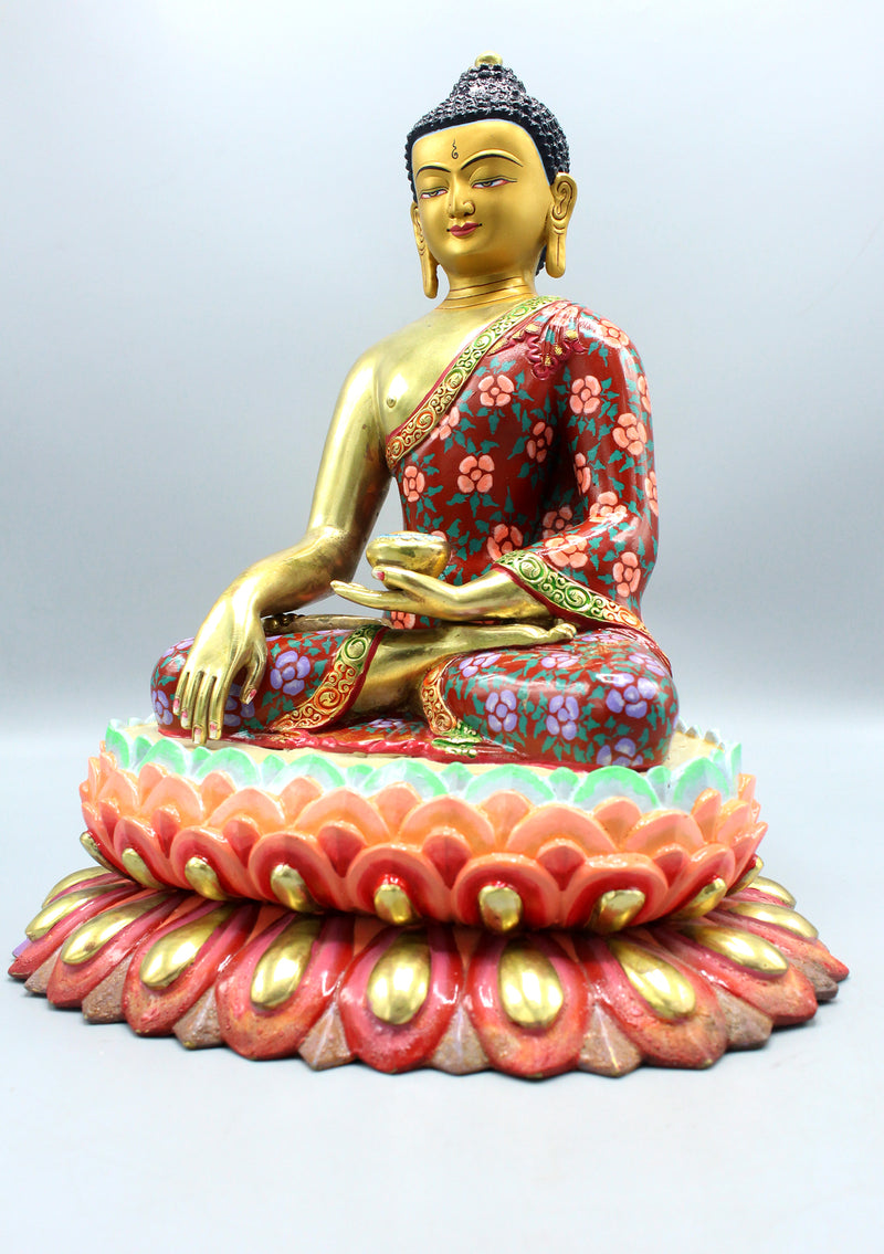 Artistically Painted Gold Plated Shakyamuni Buddha Statue with Floral Design