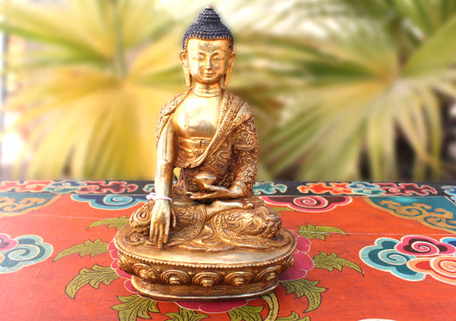 Dragon Carved Fully Gold Plated Shakyamuni Buddha Statue - nepacrafts