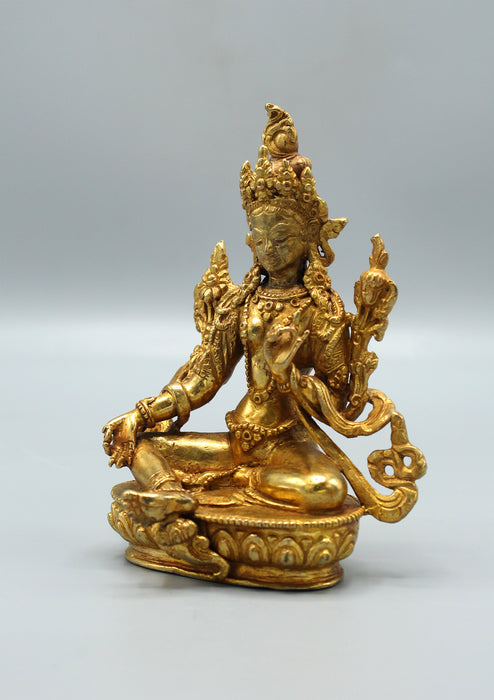 Elegant Gold Plated Green Tara Statue 5.5"