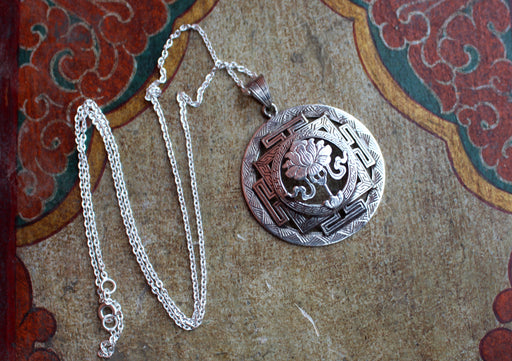 Silver Sterling Lucky Symbol Lotus Mandala Pendant - nepacrafts