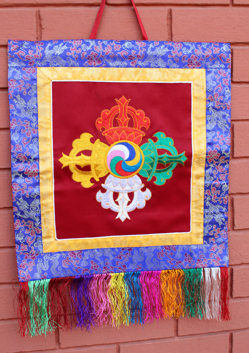 Double Dorjee Embroidered Tibetan Hall Hanging Banner - nepacrafts
