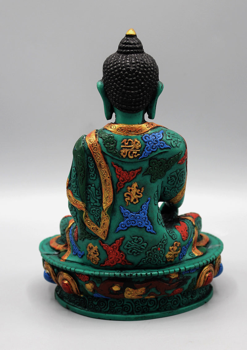 Embossed Painting Green Resin Shakyamuni Buddha Statue