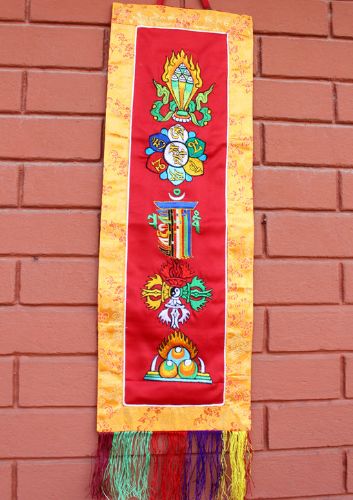 Tibetan Five Symbol Embroidered Polyester Wall Hanging Banner - nepacrafts