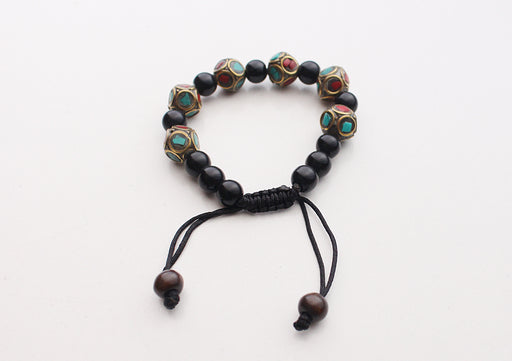 Black Beads Wrist Mala with Octagonal Tibetan Beads - nepacrafts