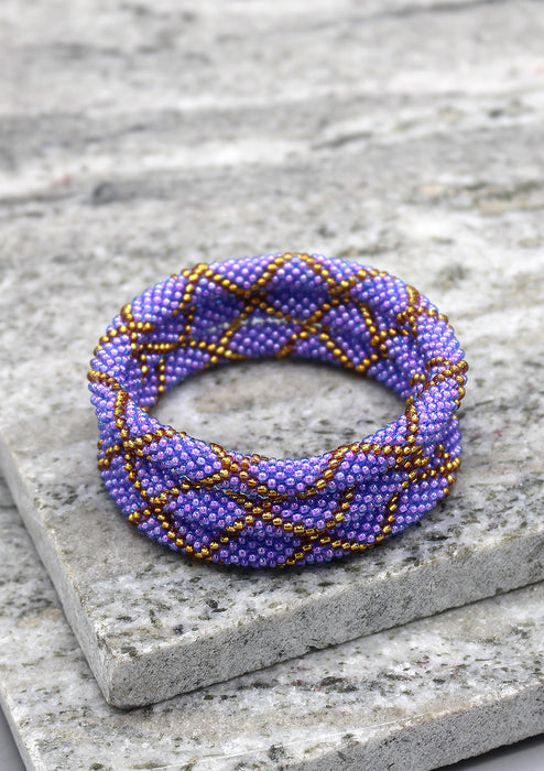Golden Cross Purple Color Glass Beads Bracelet