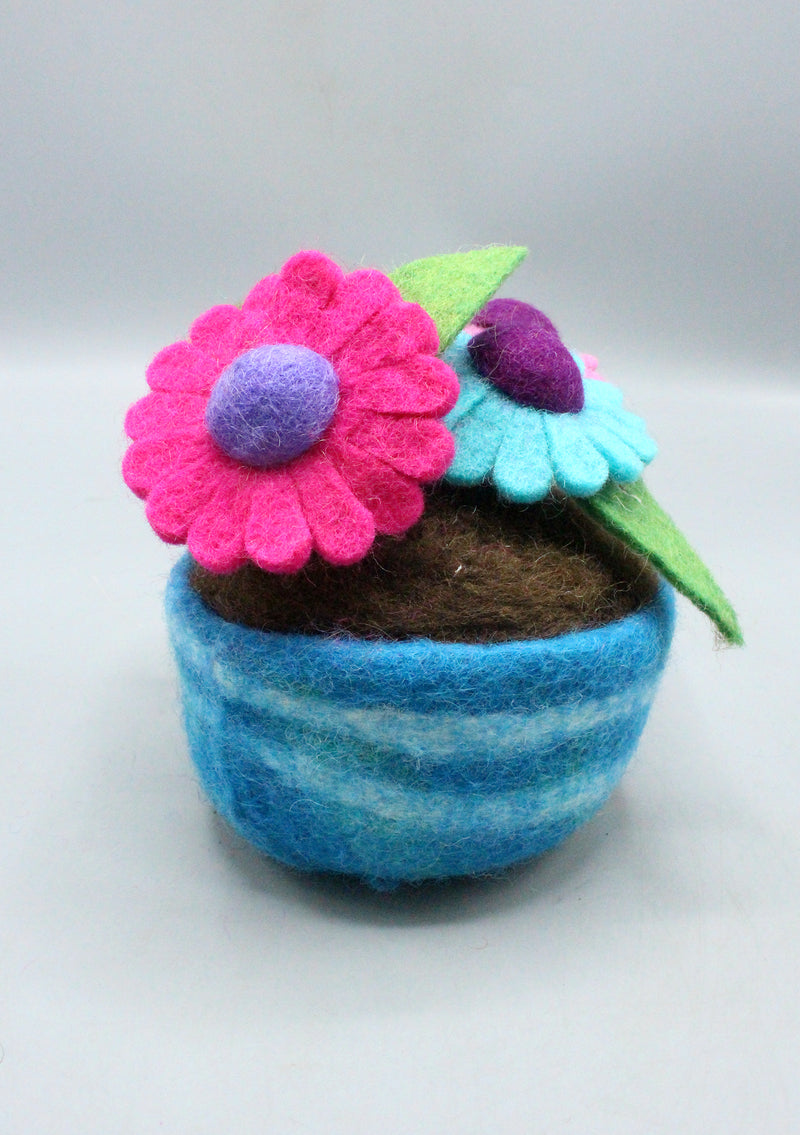 Blue Felt Vase with Five Color Flowers