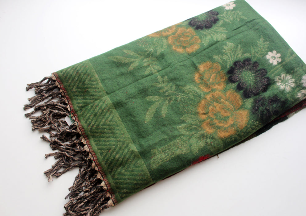 Flower Design Hand Loomed Green Yak Wool Shawl - nepacrafts