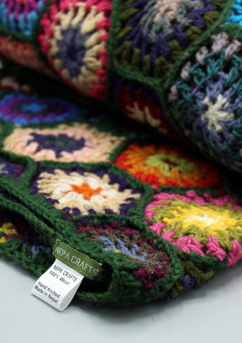 Beautifully Hand Crocheted Green Multi Color Woolen Blanket