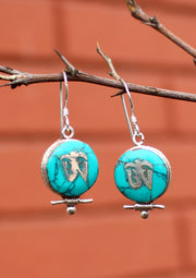 Turquoise Inlaid Tibetan Om Sterling Silver Earrings - nepacrafts