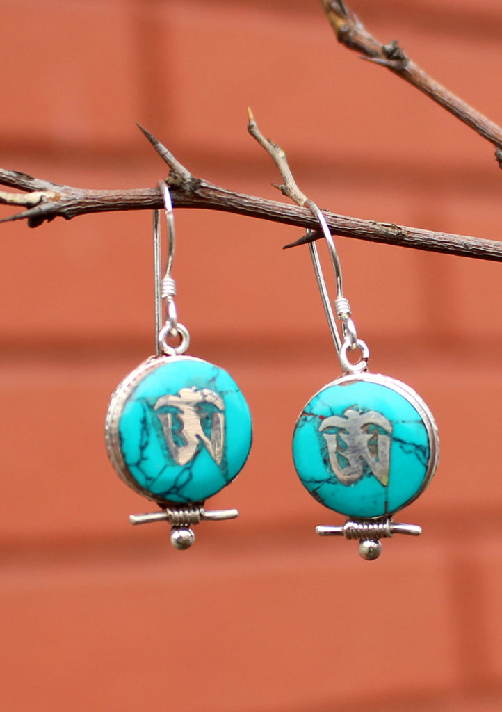 Turquoise Inlaid Tibetan Om Sterling Silver Earrings - nepacrafts