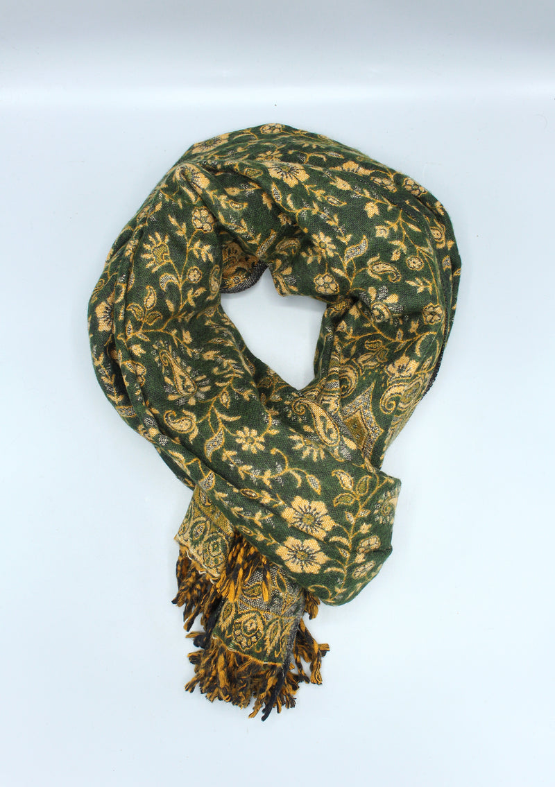 Handloomed Floral Leaves Forest Green Yak Wool Shawl