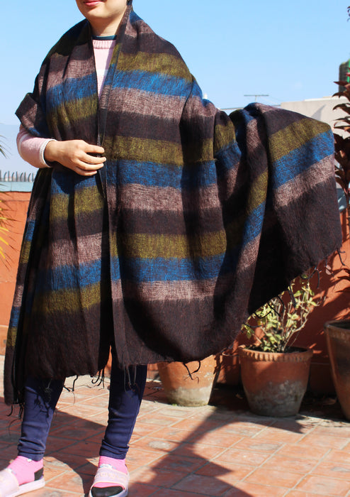Brown Blue Stripe Yak Wool Meditation and Yoga Blanket